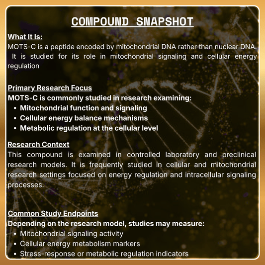 Compound snapshot of MOTS-C with text about its role in mitochondrial signaling and cellular energy regulation.