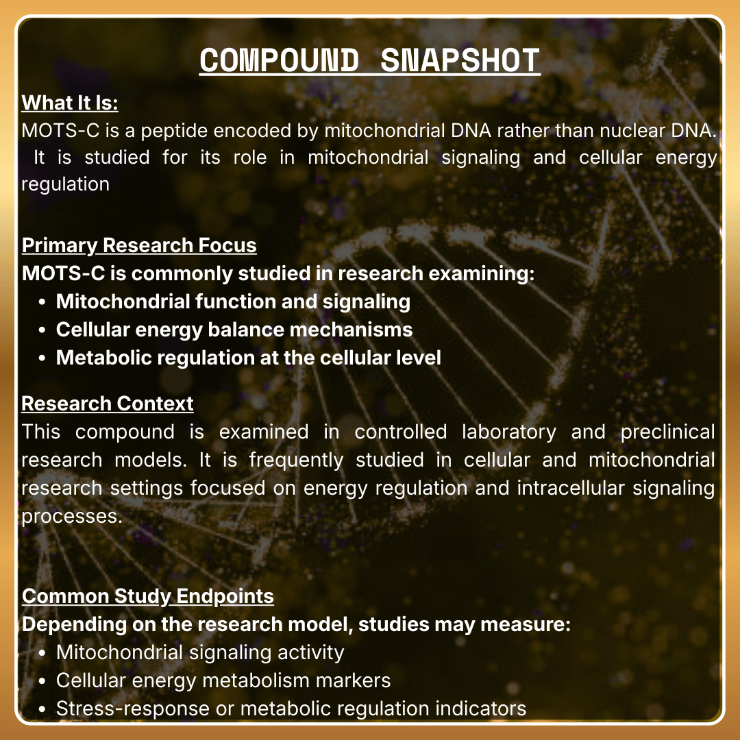Compound snapshot of MOTS-C with text about its role in mitochondrial signaling and cellular energy regulation.