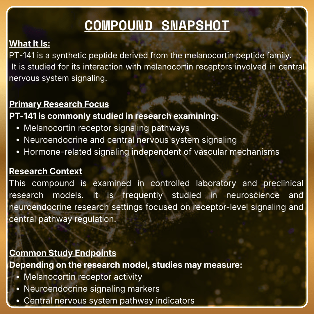 Informational text about PT-141, a synthetic peptide derived from melanocortin peptides, with a blurred background.