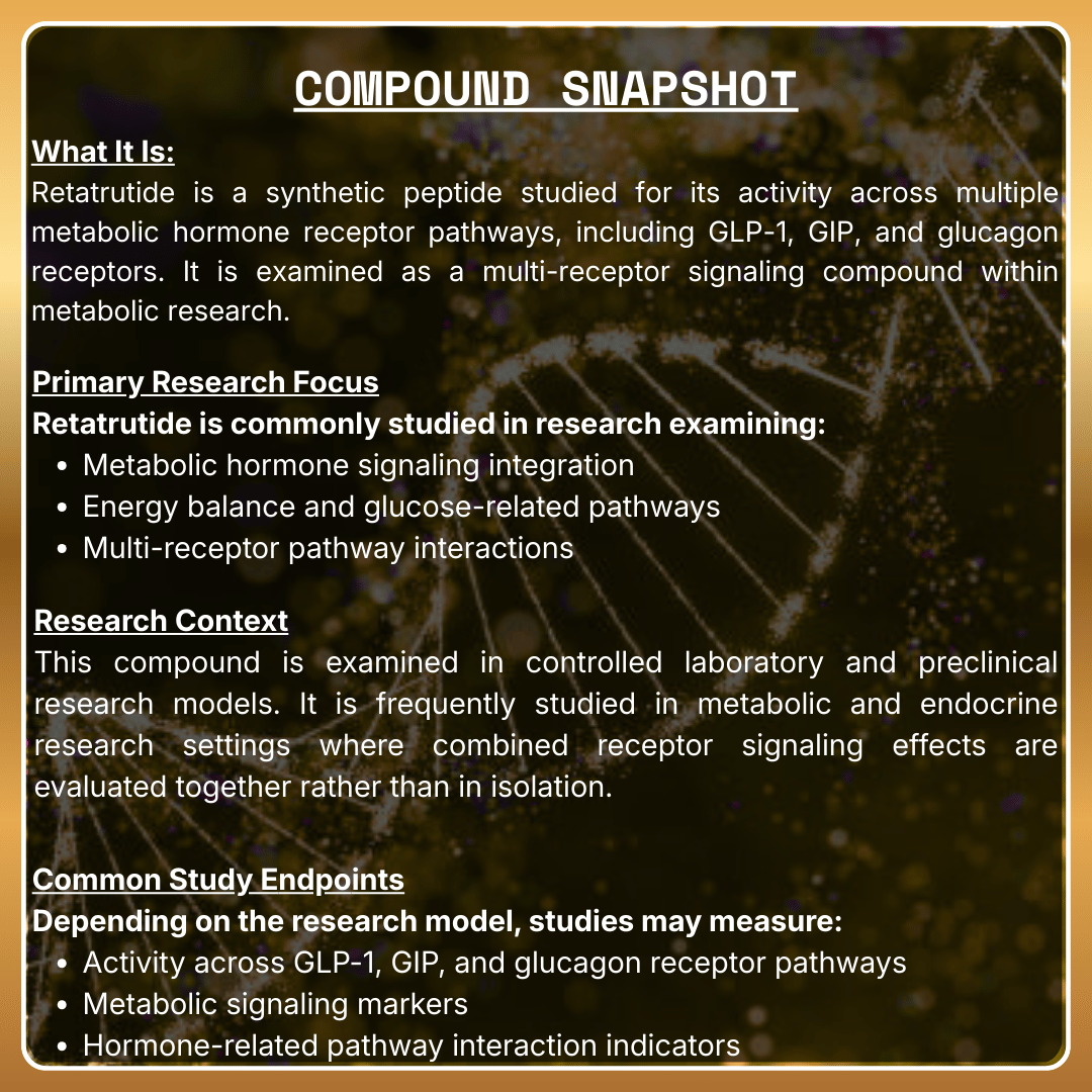 Compound snapshot of retatrutide with text on a dark background