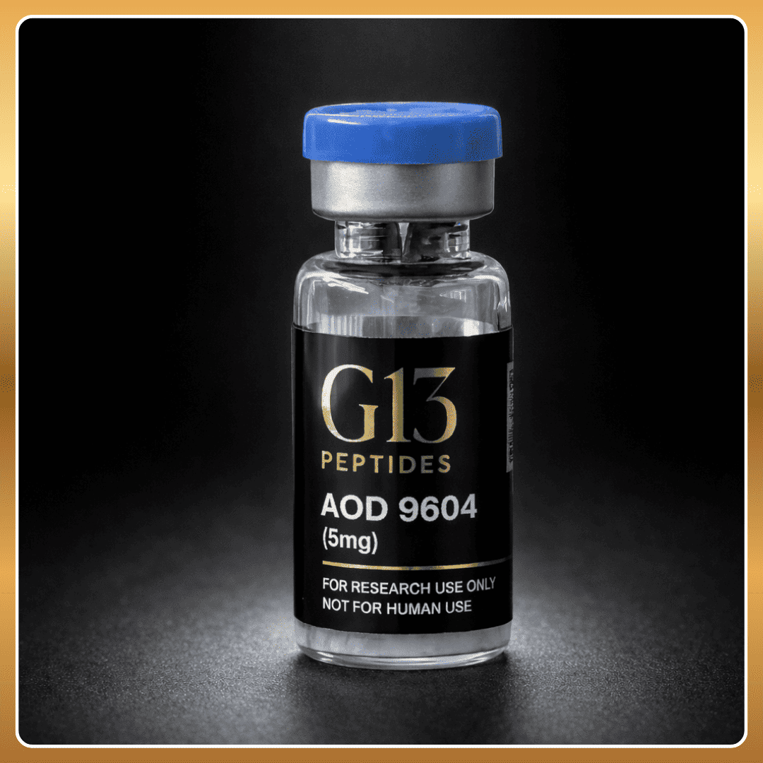 Vial labeled 'G13 Peptides AOD 9604' on a dark background