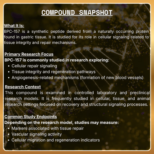 Informational text about BPC-157 with a blurred background