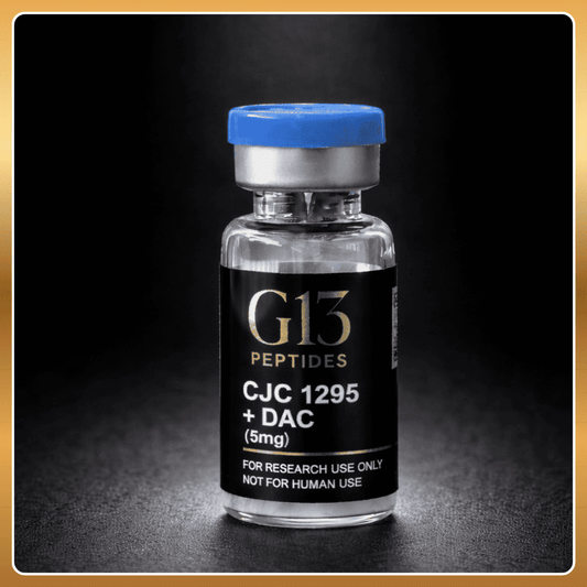 Vial labeled 'G13 Peptides CJC 1295 + DAC' on a dark background