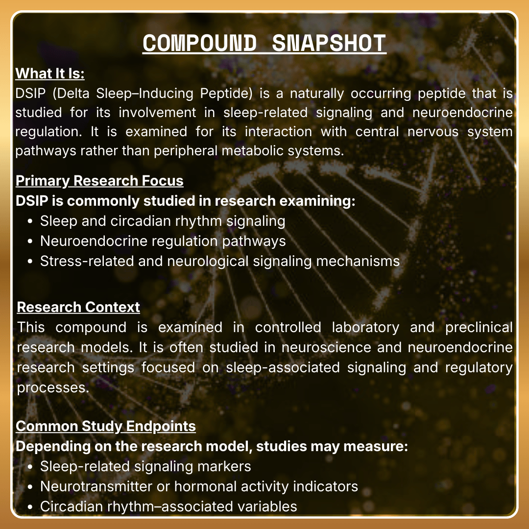 Informational text about DSIP (Delta Sleep-Inducing Peptide) on a dark background with abstract patterns.