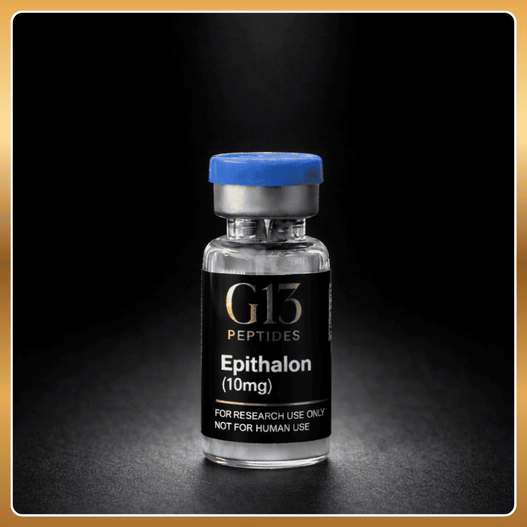 Vial labeled 'G13 Peptides Epithalon (10mg)' on a dark background