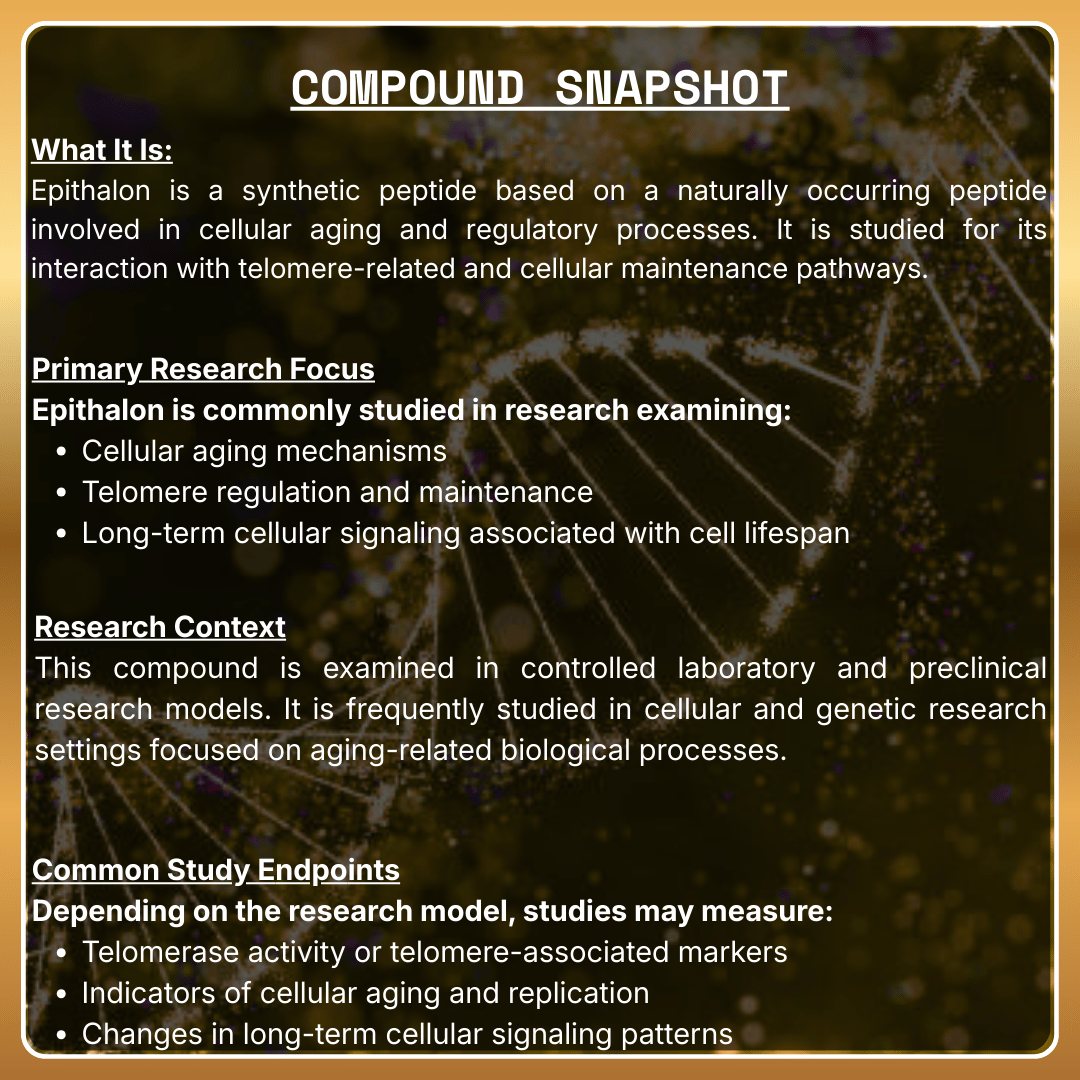 Informational text about epithalon on a dark background with scientific imagery.