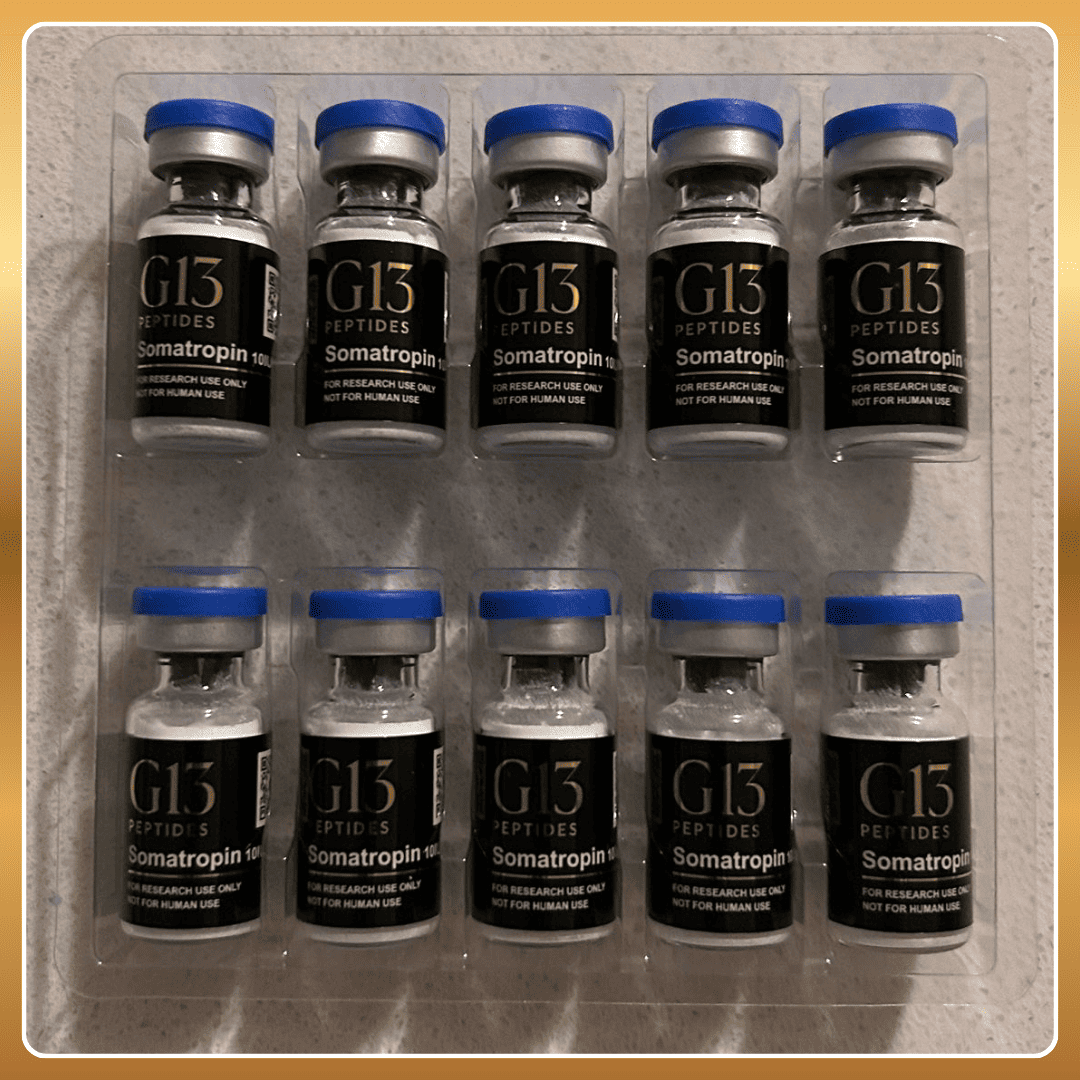 Pack of G13 Peptides Somatropin vials in a clear plastic packaging.
