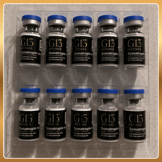 Pack of G13 Peptides Somatropin vials in a clear plastic packaging.