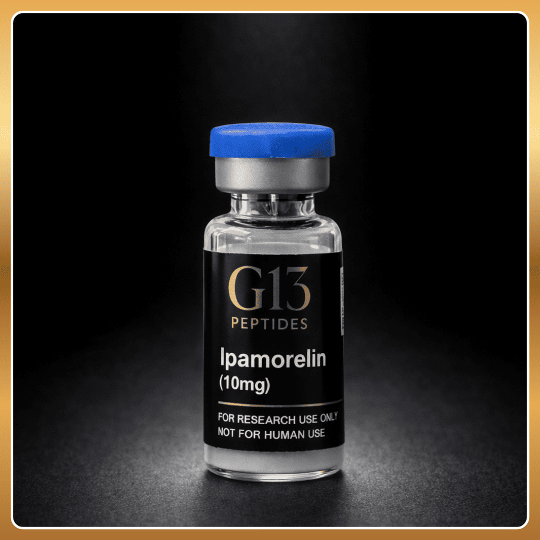 Vial labeled 'G13 Peptides Ipamorelin (10mg)' on a dark background