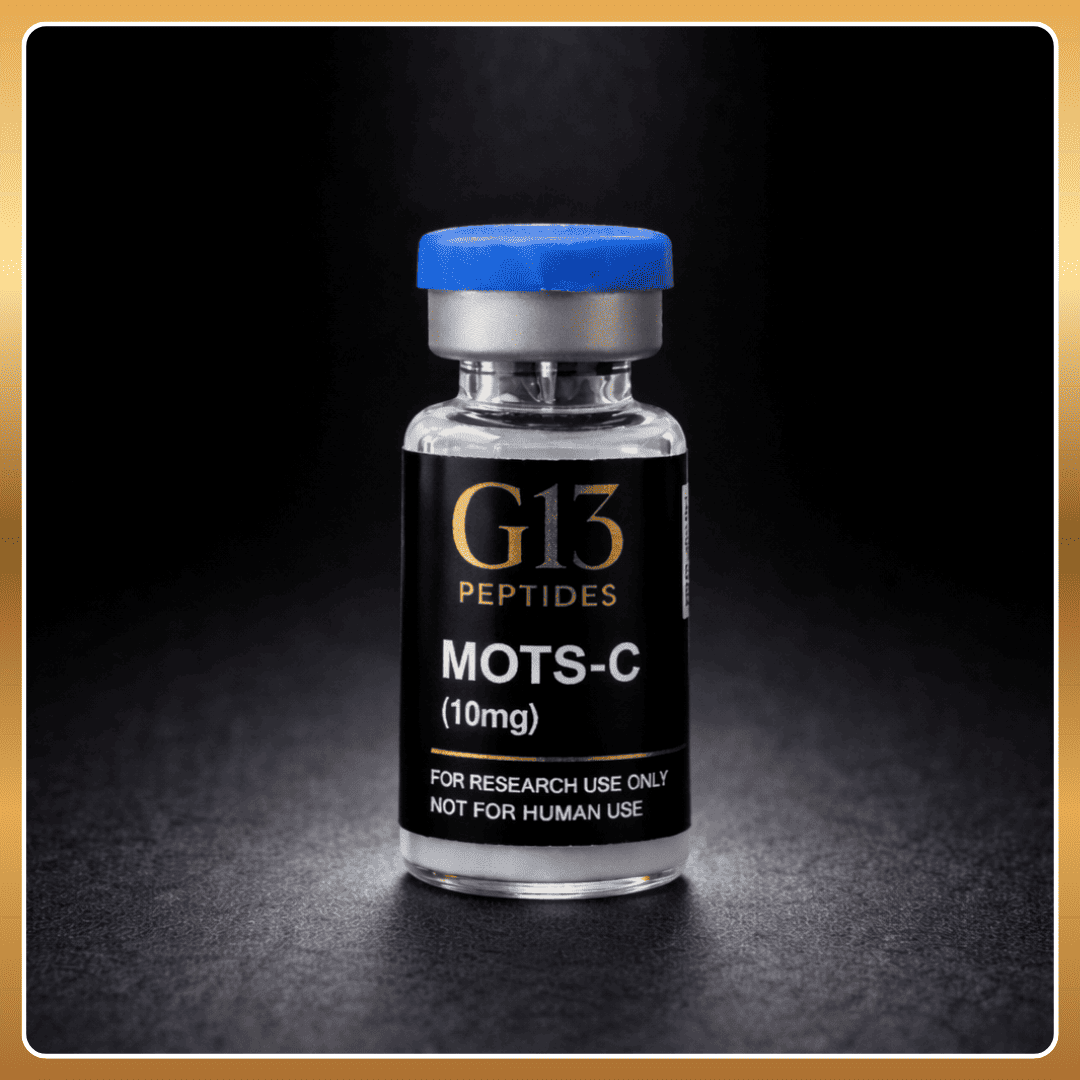 Vial labeled 'G13 Peptides MOTS-C' on a dark background