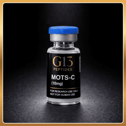 Vial labeled 'G13 Peptides MOTS-C' on a dark background