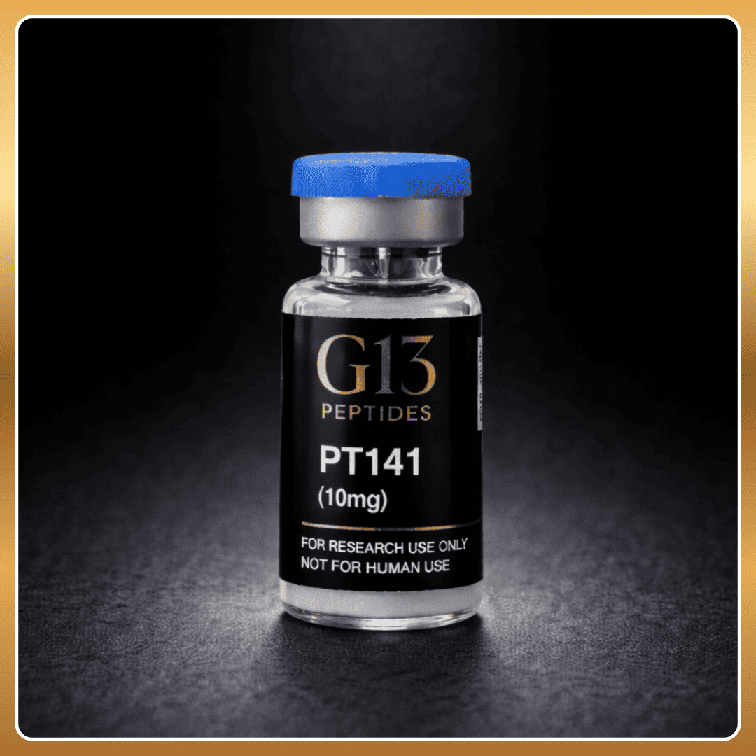 Vial labeled 'G13 Peptides PT141' on a dark background