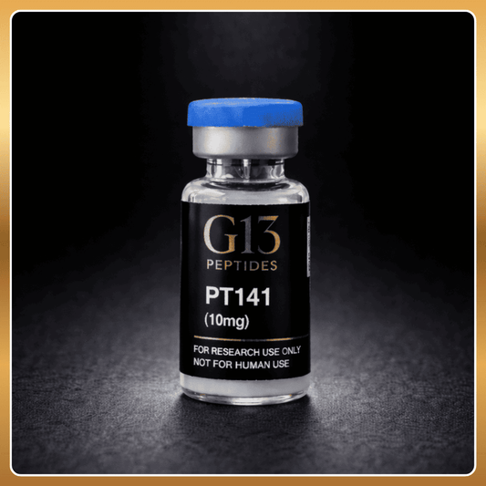 Vial labeled 'G13 Peptides PT141' on a dark background