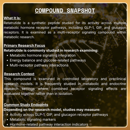 Compound snapshot of retatrutide with text on a dark background