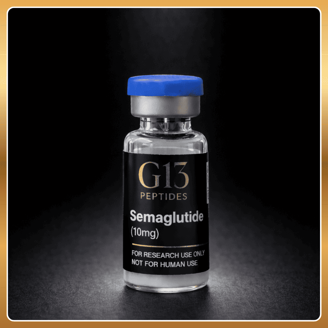 Vial labeled 'G13 Peptides Semaglutide (10mg)' on a dark background