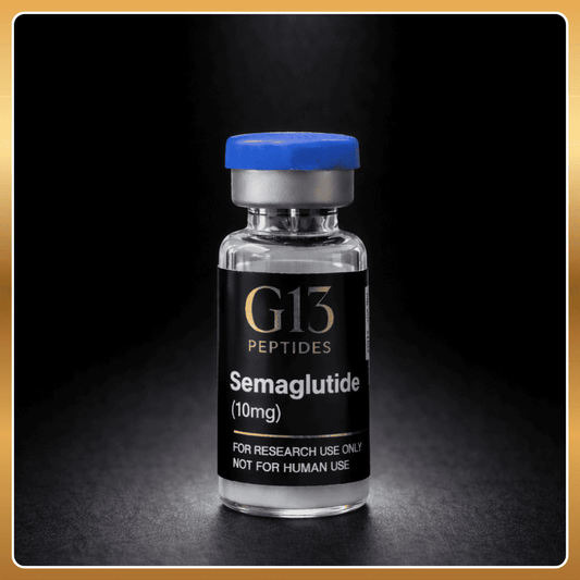 Vial labeled 'G13 Peptides Semaglutide (10mg)' on a dark background