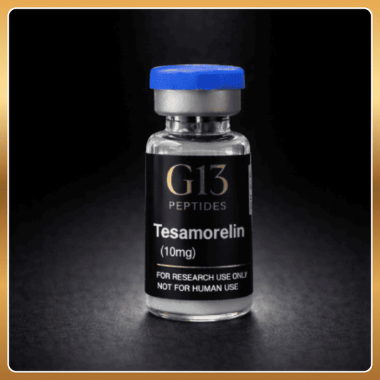 Vial labeled 'G13 Peptides Tesamorelin' on a dark background